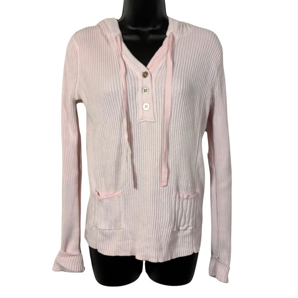Tommy Hilfiger Hoodie Sweater Pink Long Sleeve Shirt M Ribbed Cotton Drawstring - Picture 1 of 11